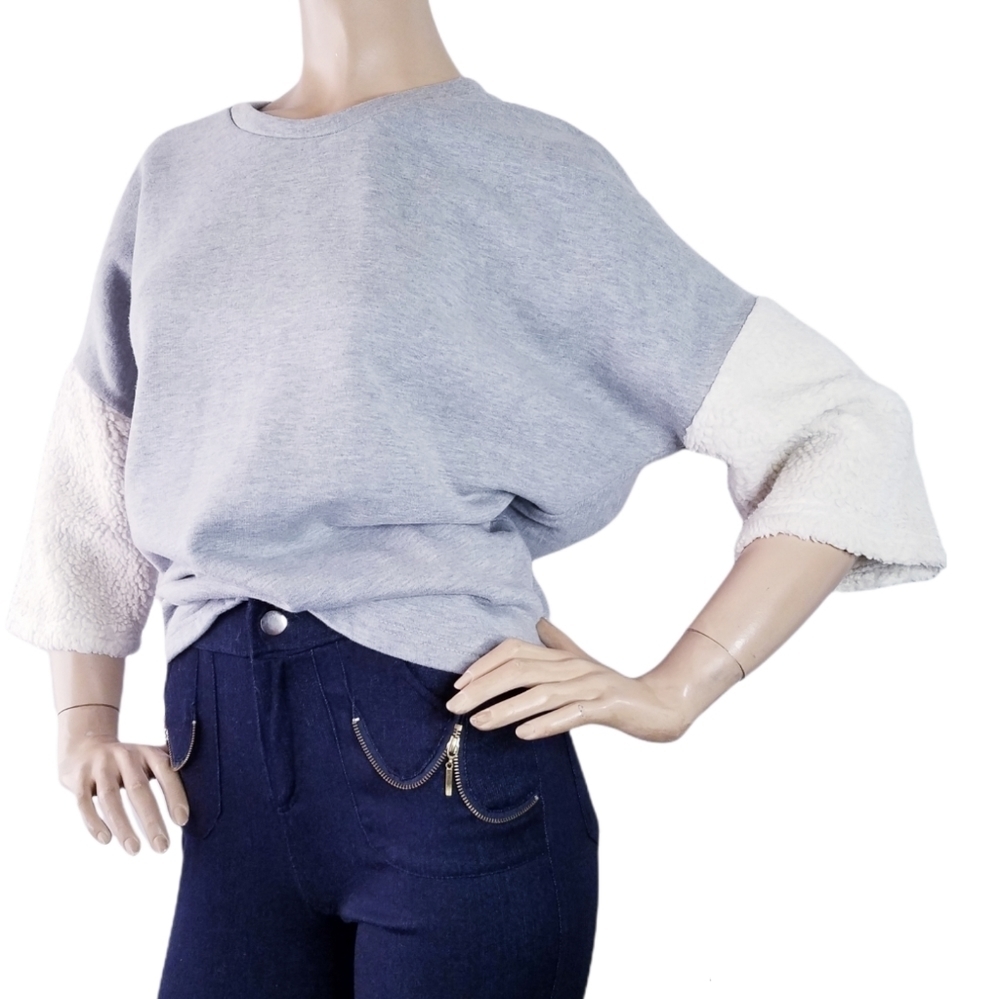 ASOS Heather Gray Paneled Faux Shearling Sleeve Sweater